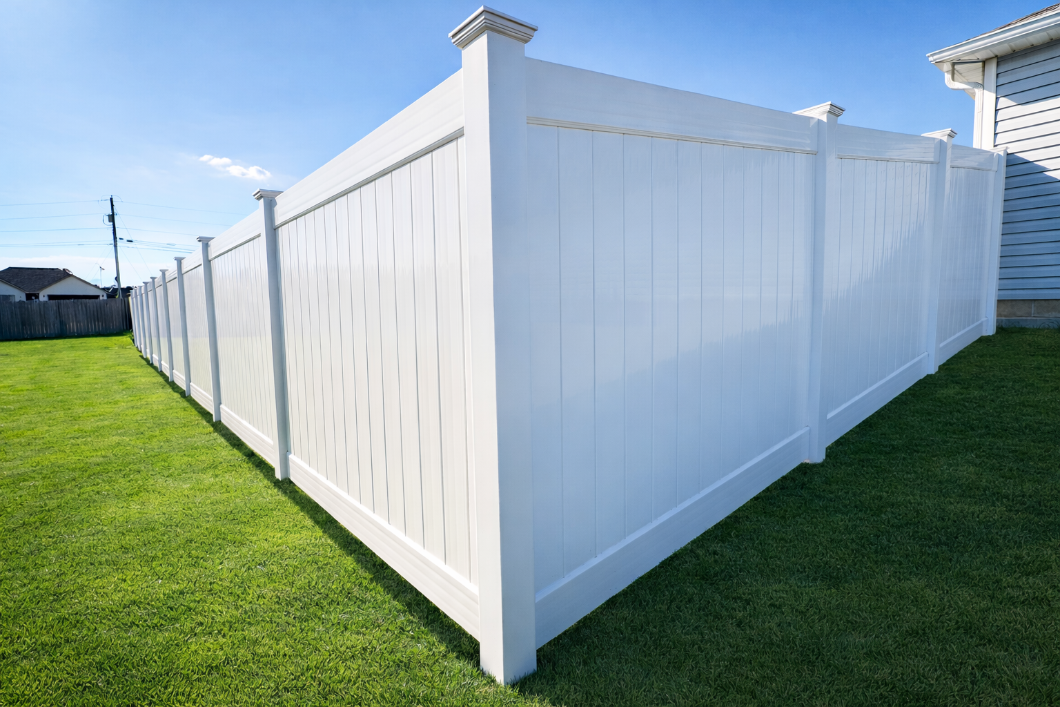 A white vinyl privacy fence set against a clear blue sky and green lawn, cornering near the side of a residential house.