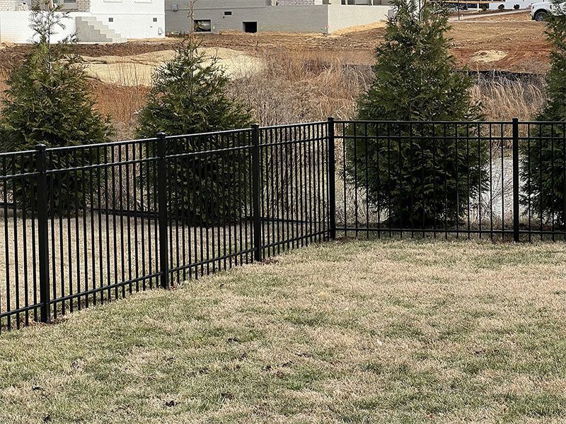 A black metal fence surrounds a lush green field.