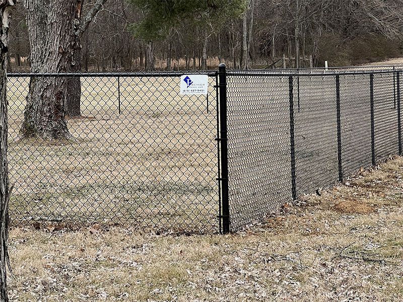 A chain link fence surrounds a grassy field in a park.