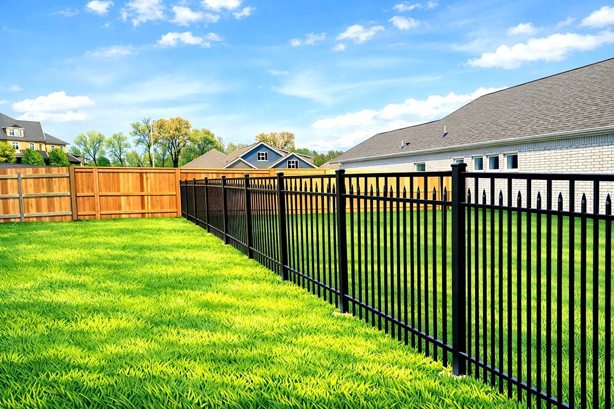 A black wrought iron fence on a white background.