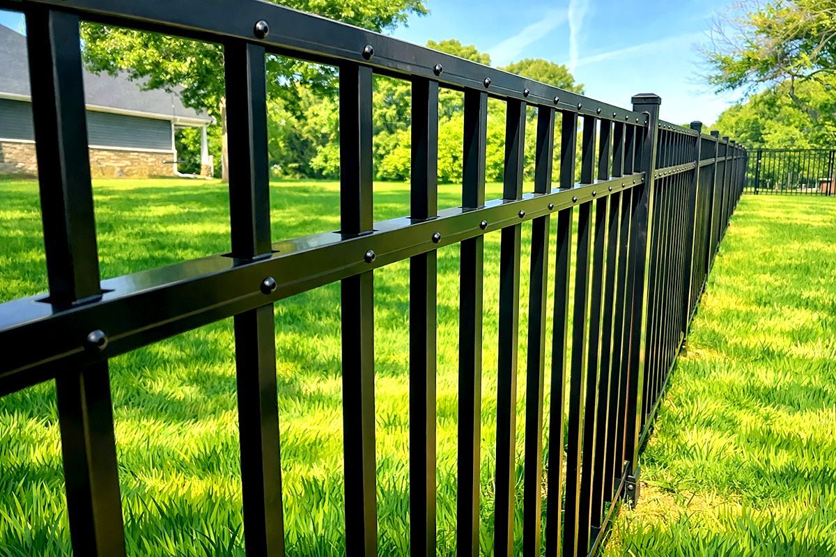 A black metal fence with a gate open on a white background.
