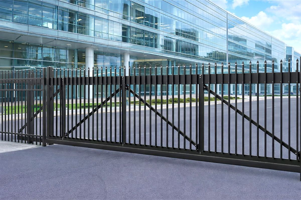 A metal gate with a stone pillar surrounding it on a white background.