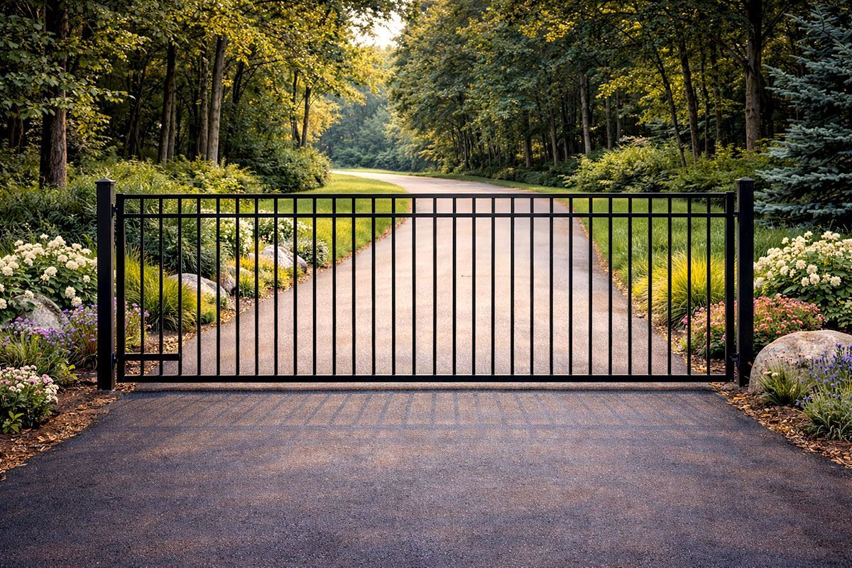 A black metal fence with a gate on a white background.