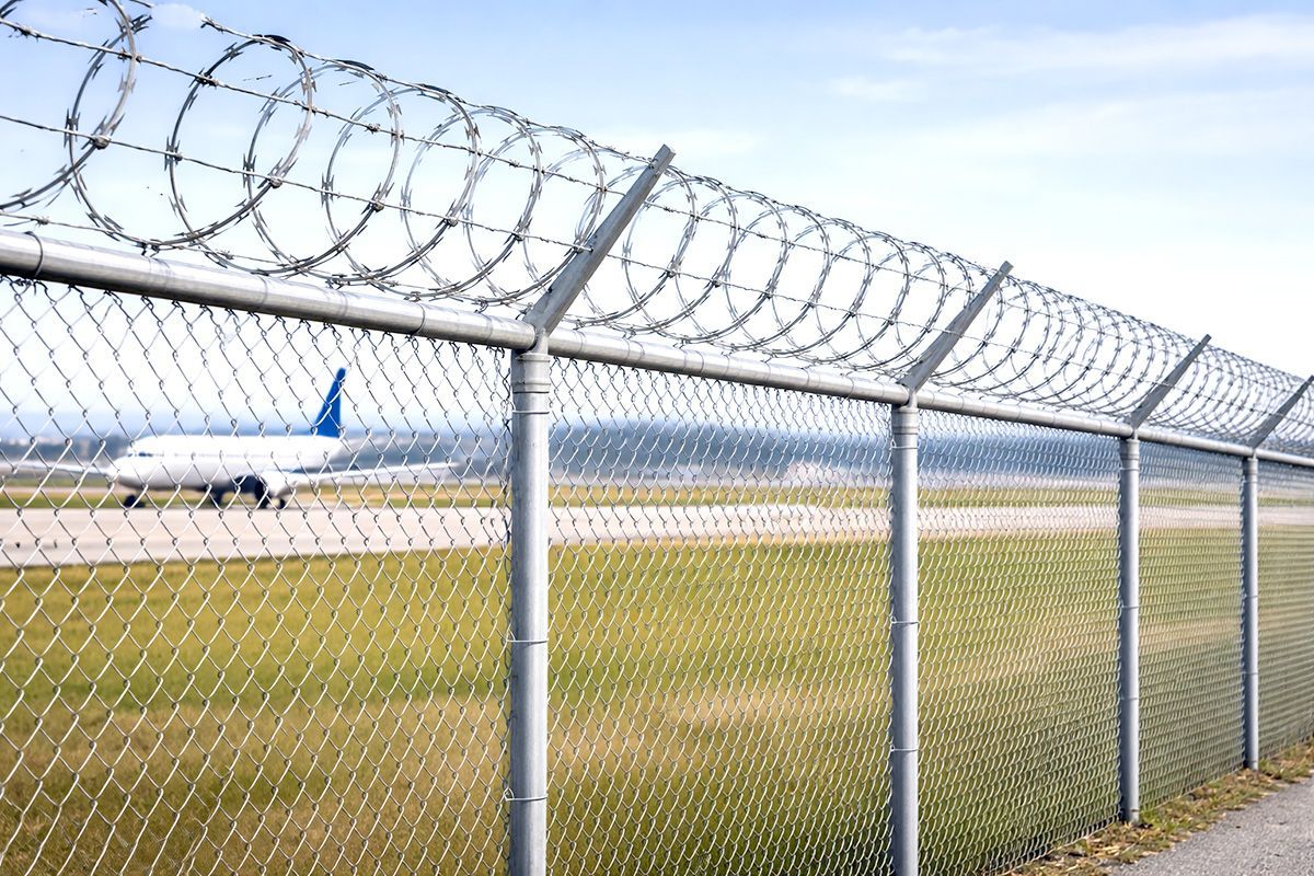A chain link fence with barbed wire on top of it.