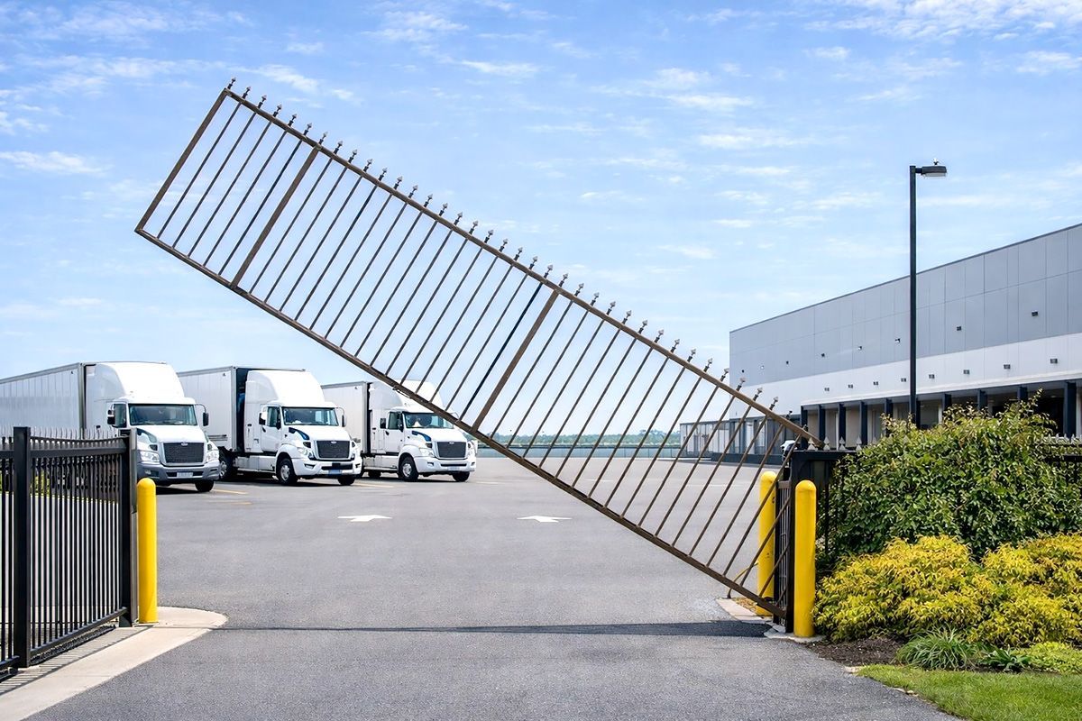 A white fence and a wooden fence with a gate.