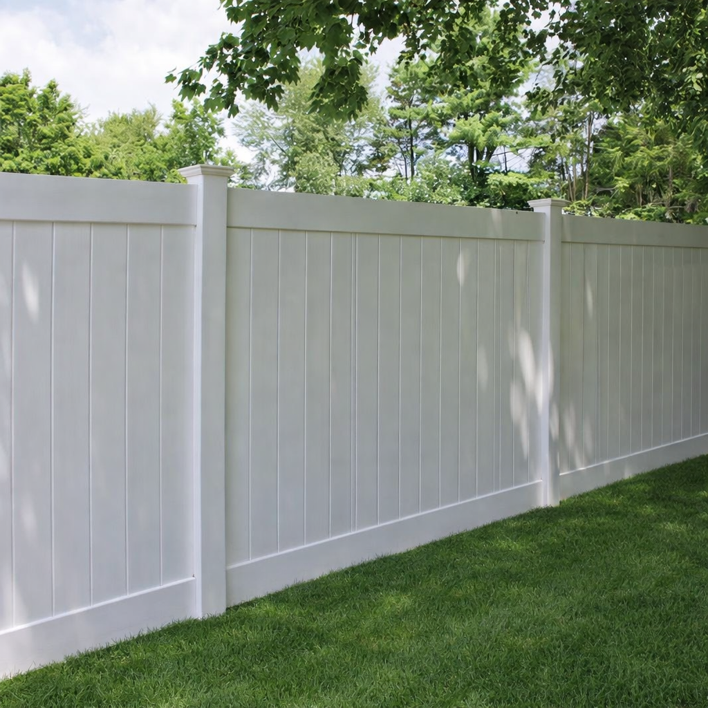 A white vinyl fence with a square post on a white background.
