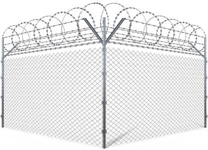 A chain link fence with barbed wire on top of it.