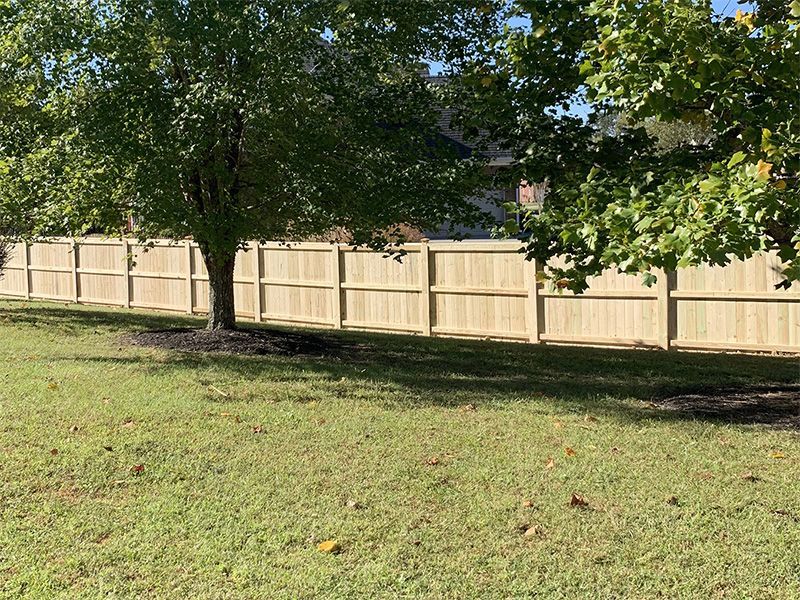 A wooden fence surrounds a grassy field with trees in the background.