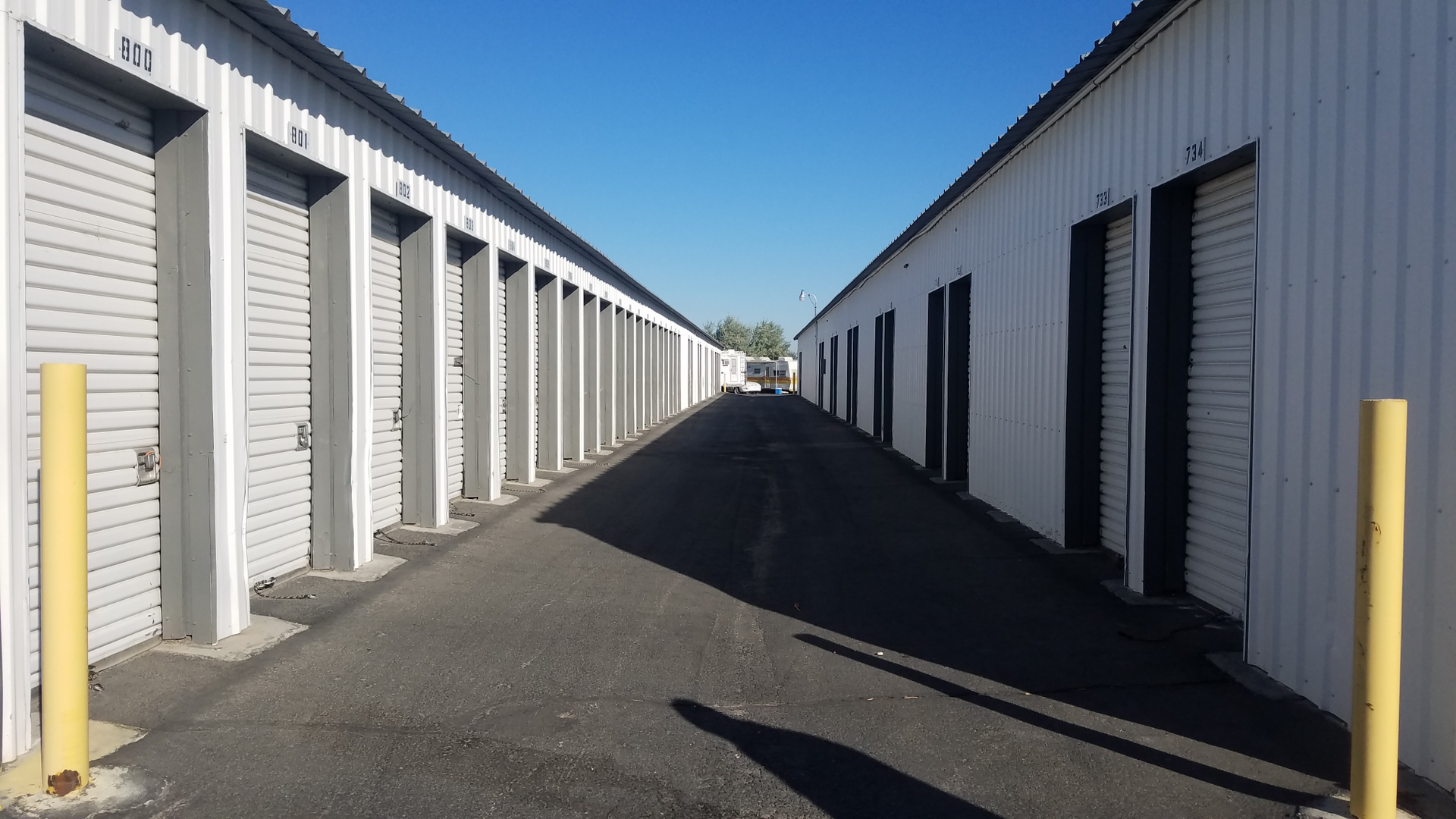 A row of storage units are lined up next to each other