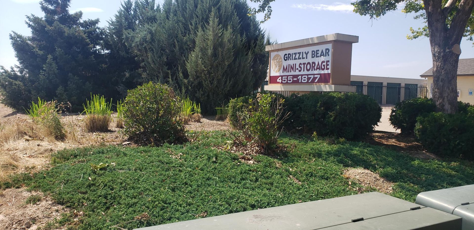 A sign for a storage facility is surrounded by bushes and trees
