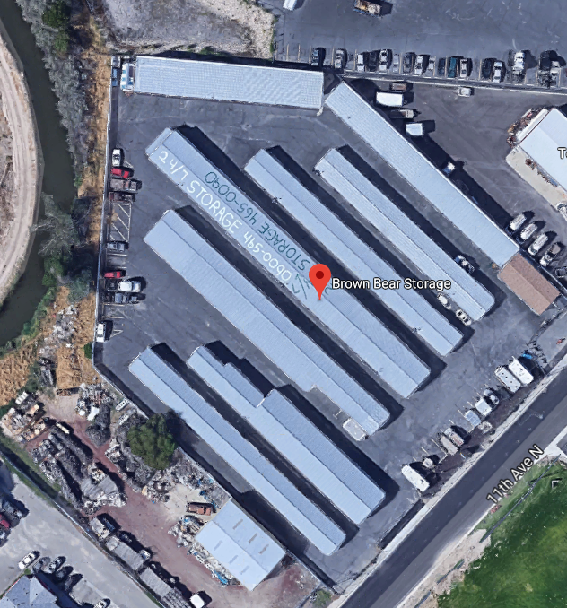 An aerial view of a row of storage units