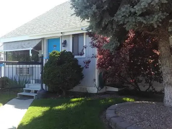 A house with a blue door and a tree in front of it