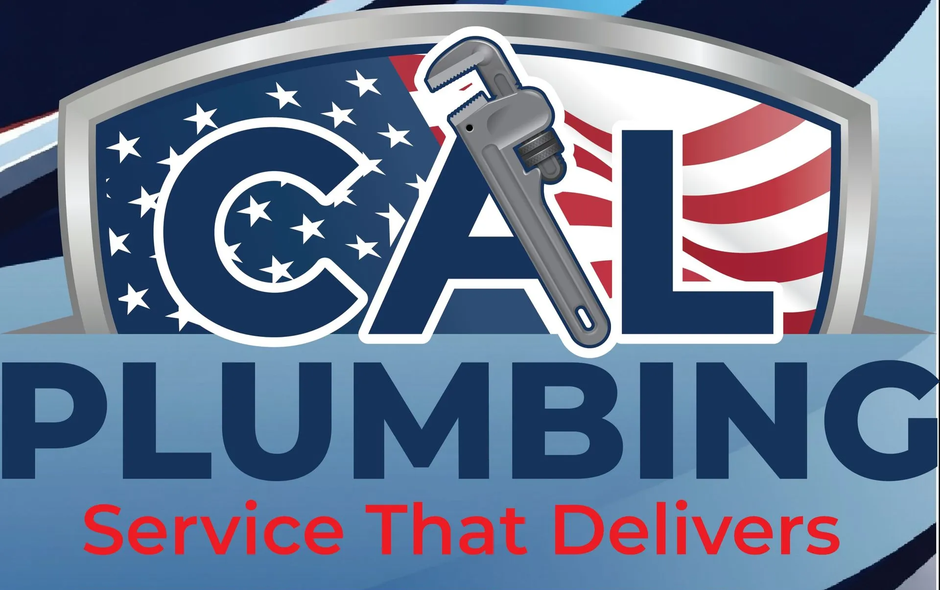 Logo for Cal Plumbing. Shield with US flag design, wrench, and text: 