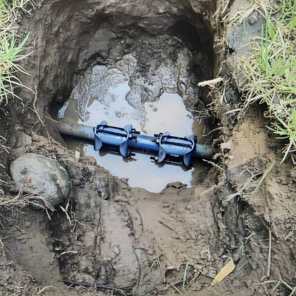 A buried pipe in mud, connected by two black clamps, sits in a muddy hole with standing water and grass.
