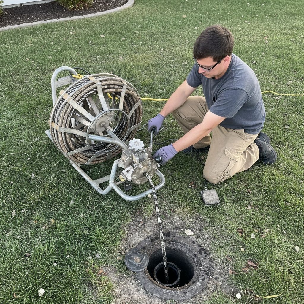A man uses a drain-cleaning machine on a grassy lawn. The machine is next to an open sewer access point.