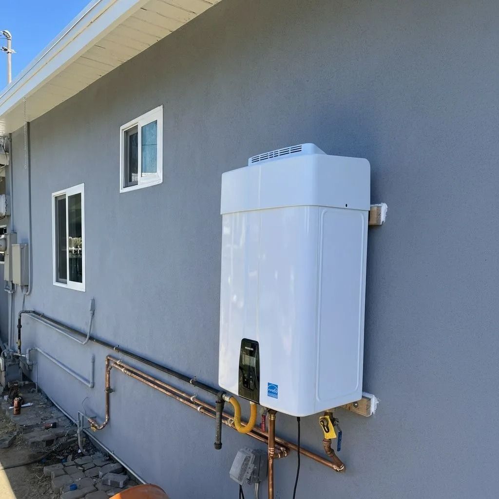 White tankless water heater on a gray exterior wall with copper pipes.