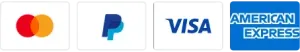 Mastercard, PayPal, Visa, and American Express payment logos on a white background