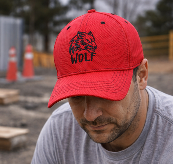 Man wearing a red Wolf cap, looking down outdoors near construction cones and equipment.