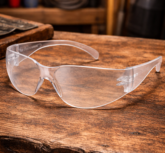 Clear safety glasses on a wooden table