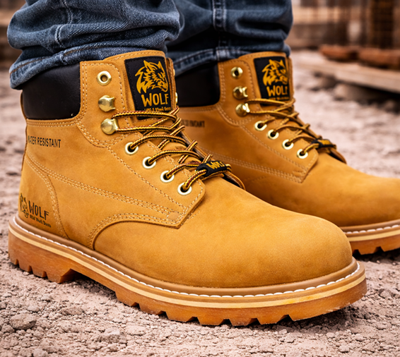 Tan work boots on rocky ground, worn with jeans, shown in close-up.