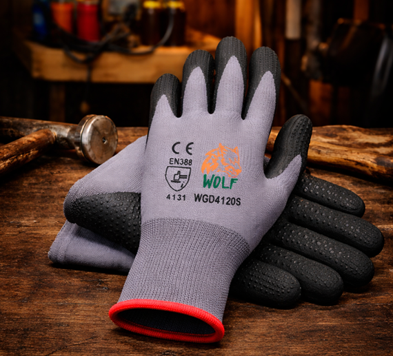 Gray work gloves with black palms and red cuffs on a wooden table, one showing the word “WOLF”