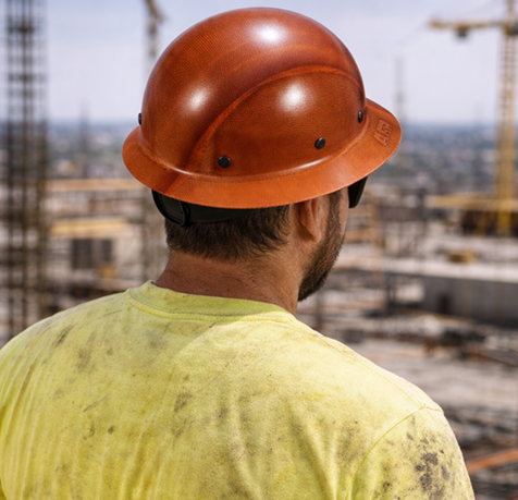 Construction worker in orange hard hat and yellow shirt, viewed from behind at a building site.