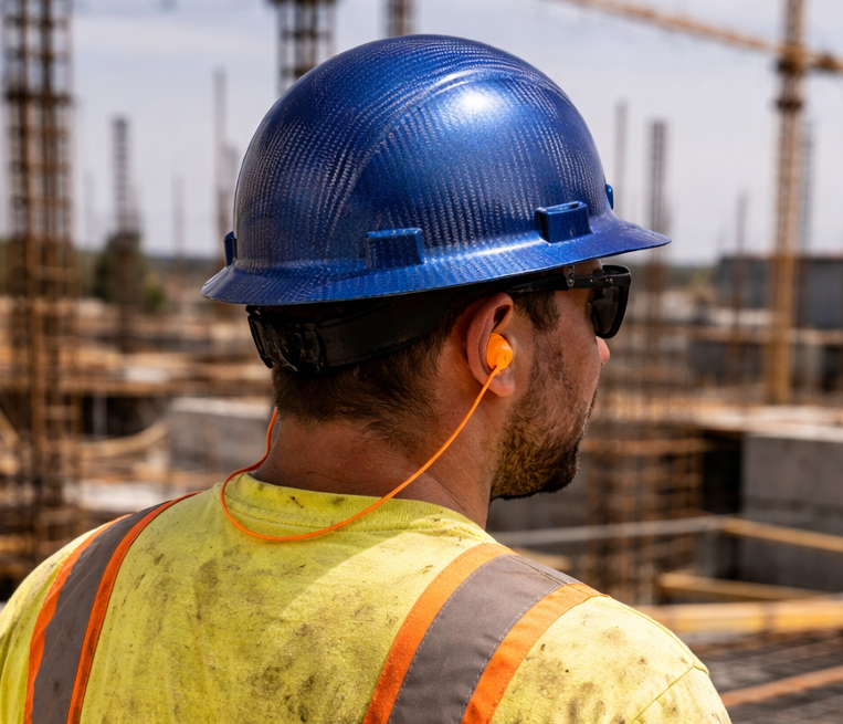 Construction worker in a blue hard hat and safety vest at a building site, seen from behind.