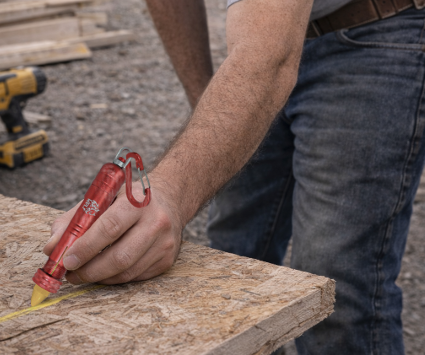 Person applying yellow sealant to a wooden board outdoors with a red caulking gun