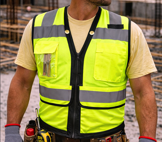 Worker in neon yellow safety vest with reflective stripes, carrying tools in a worksite setting