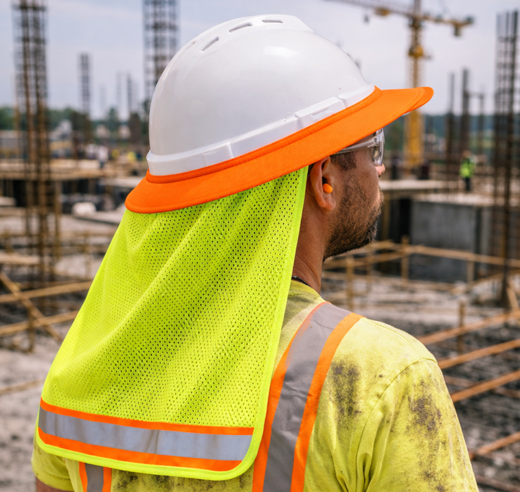 Construction worker in hard hat and safety vest at an active building site