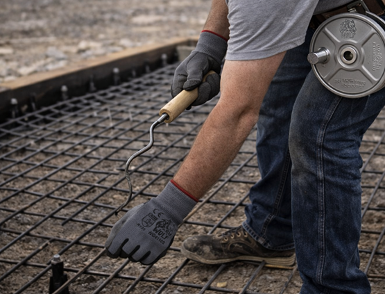 Worker placing rebar on a construction site with gloved hands and a tool in concrete footing form