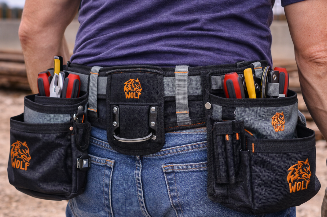 Person wearing a black tool belt with pockets and colorful tools at the waist, outdoors