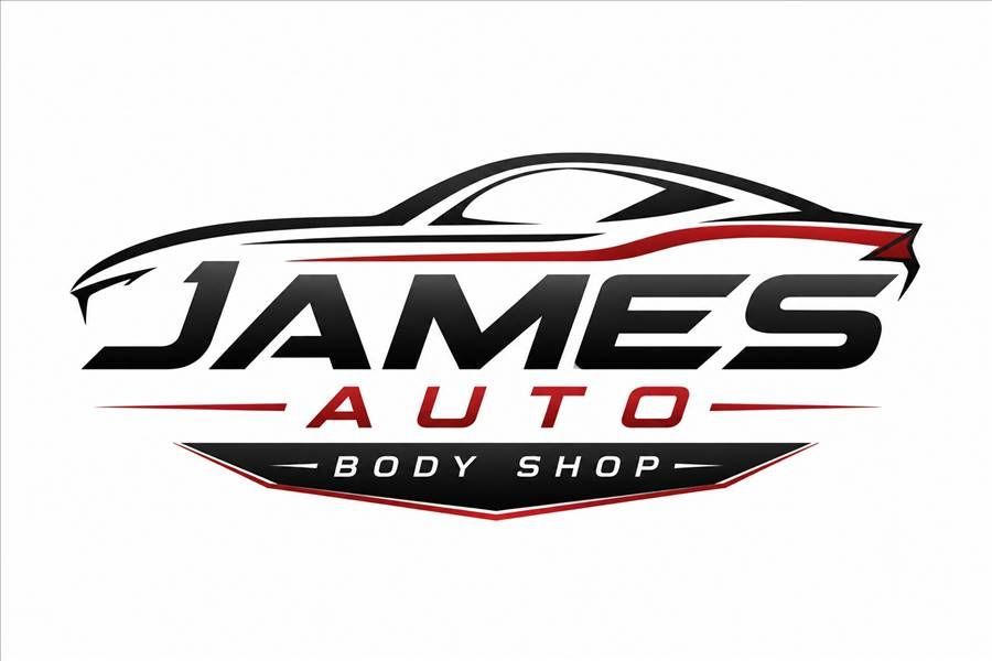 James Auto Body Shop logo with black and red stylized car outline