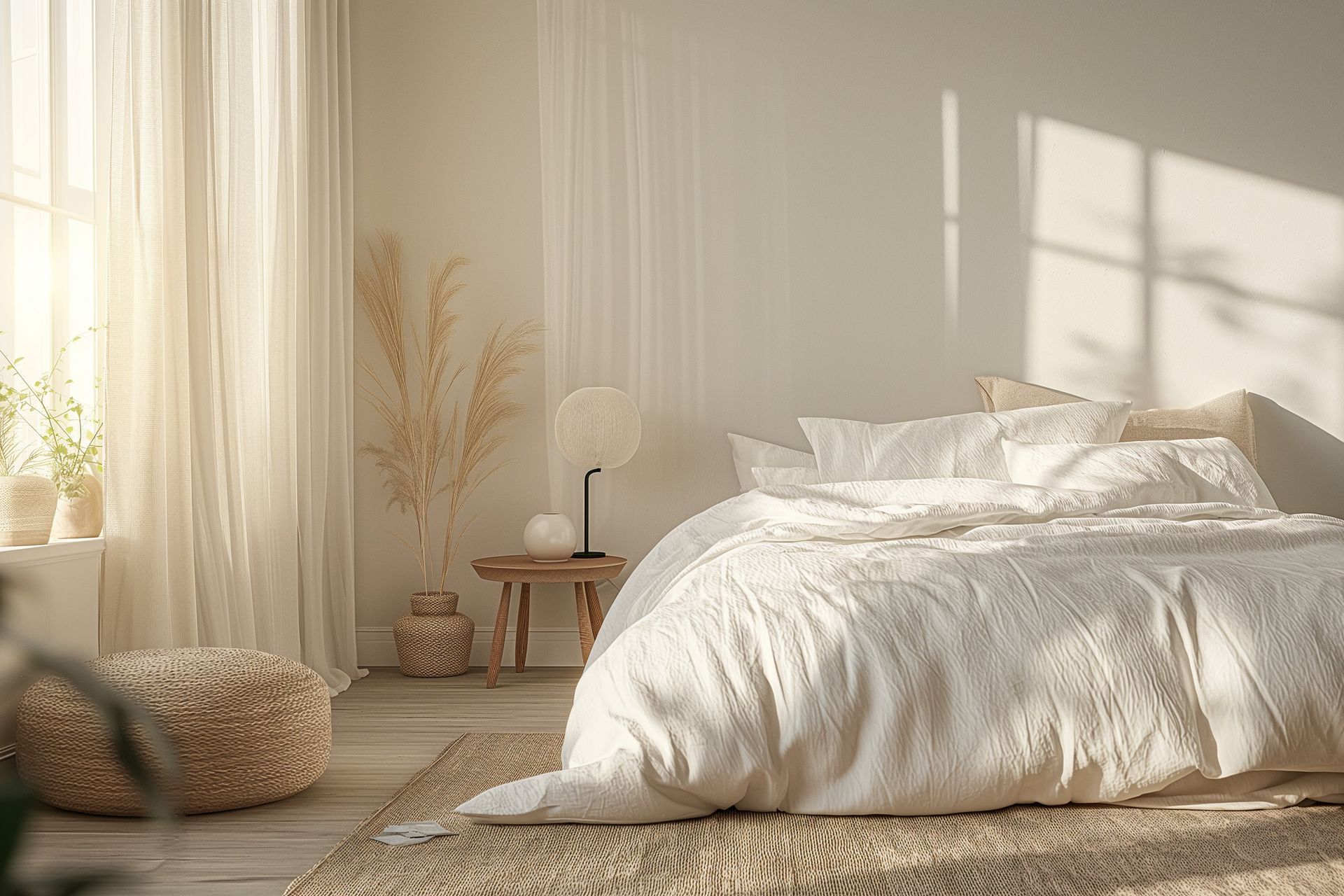 Bright bedroom with a large white bed, sheer curtains, a small wooden table, and natural light.