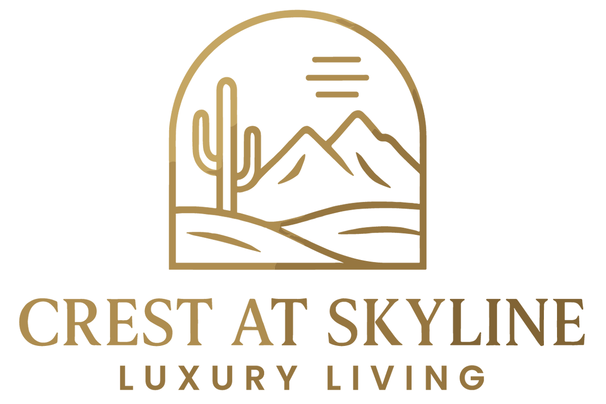 Gold logo for "Crest at Skyline," depicting a desert landscape with a cactus, mountains, and sun, signifying luxury living.