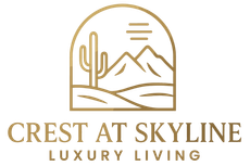 Gold logo for "Crest at Skyline," depicting a desert landscape with a cactus, mountains, and sun, signifying luxury living.