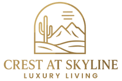 Gold logo for "Crest at Skyline," depicting a desert landscape with a cactus, mountains, and sun, signifying luxury living.