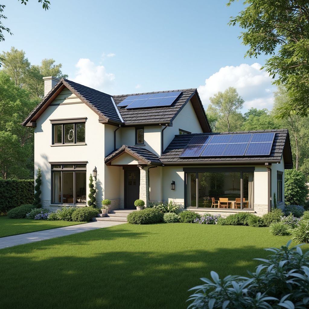 Two-story house with solar panels on the roof and a lush green yard under a blue sky.
