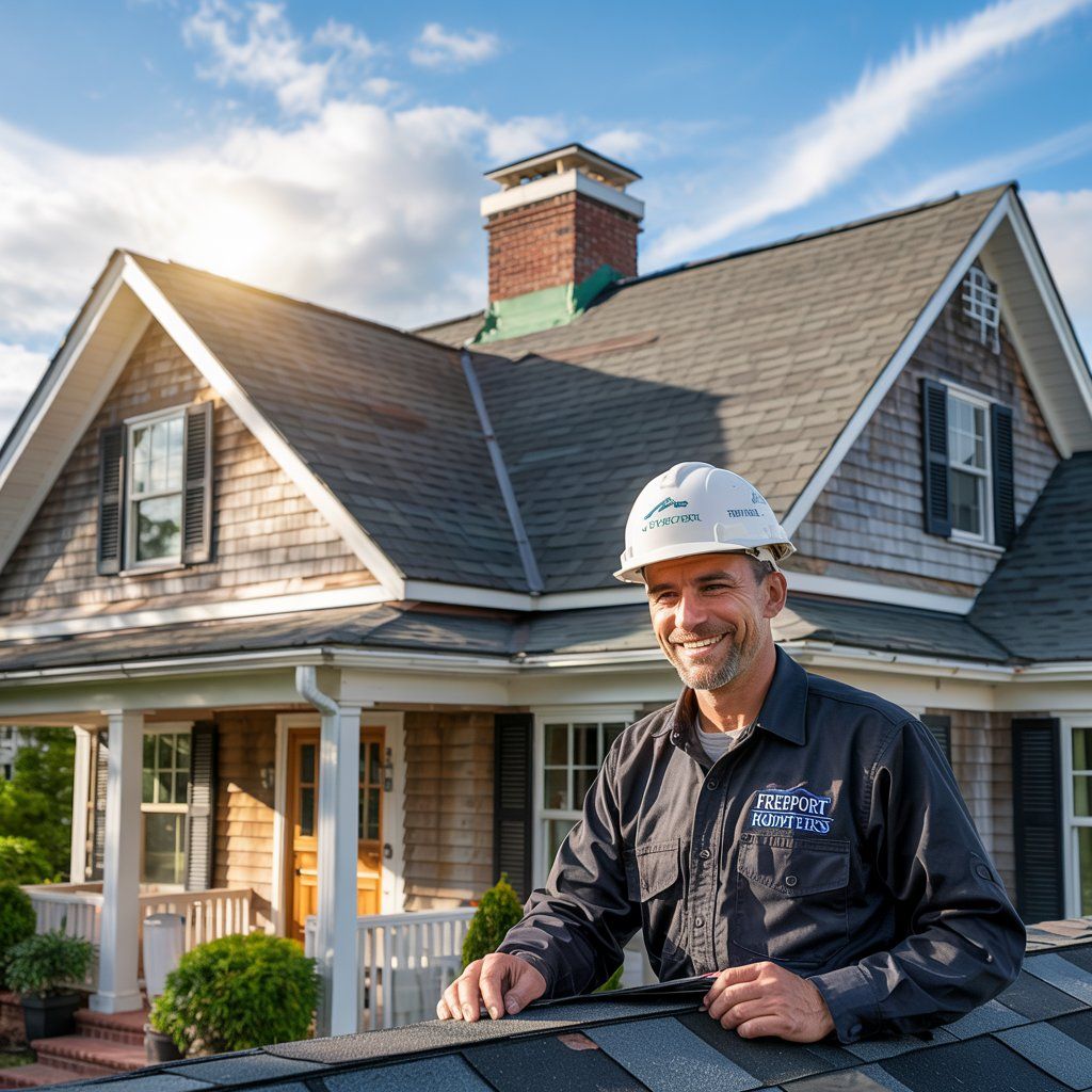 Smiling roofer on a house roof wearing a hard hat. Sunny day, gray roof shingles, and a white house.