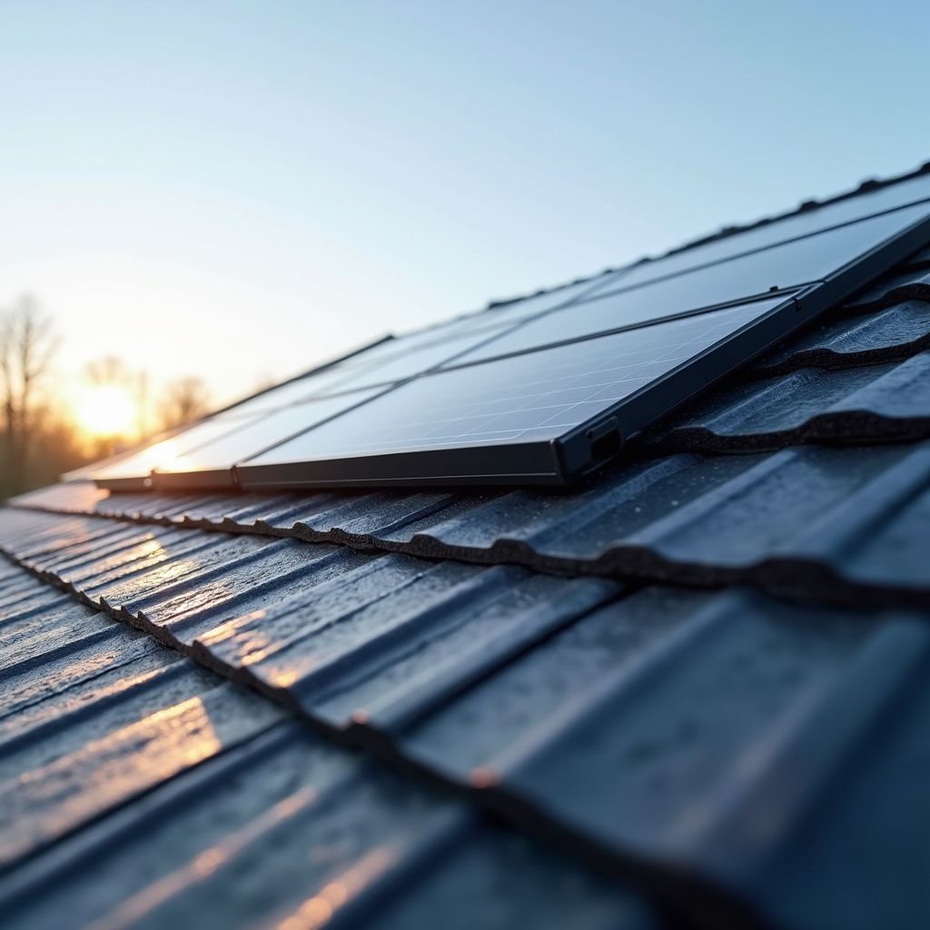 Solar panels on a dark, wet roof, reflecting sunlight.