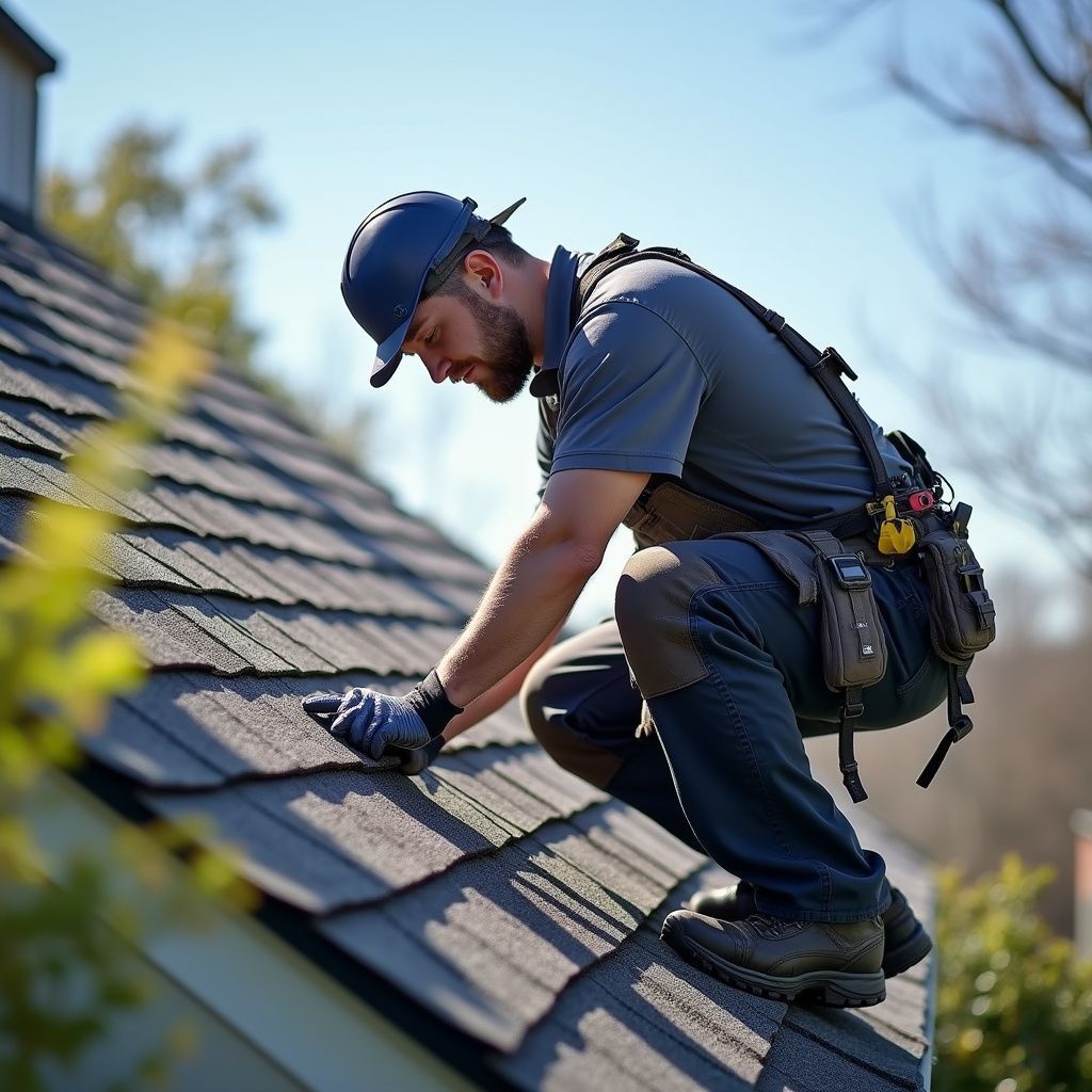 Roofer on a roof, inspecting shingles. He wears a hard hat, harness, and tool belt, crouched in sunlight.
