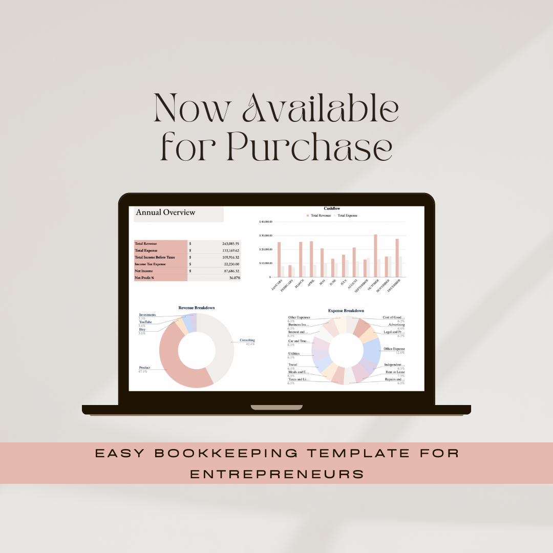 A laptop screen displays bookkeeping charts and a financial dashboard, promoting an easy template for entrepreneurs.