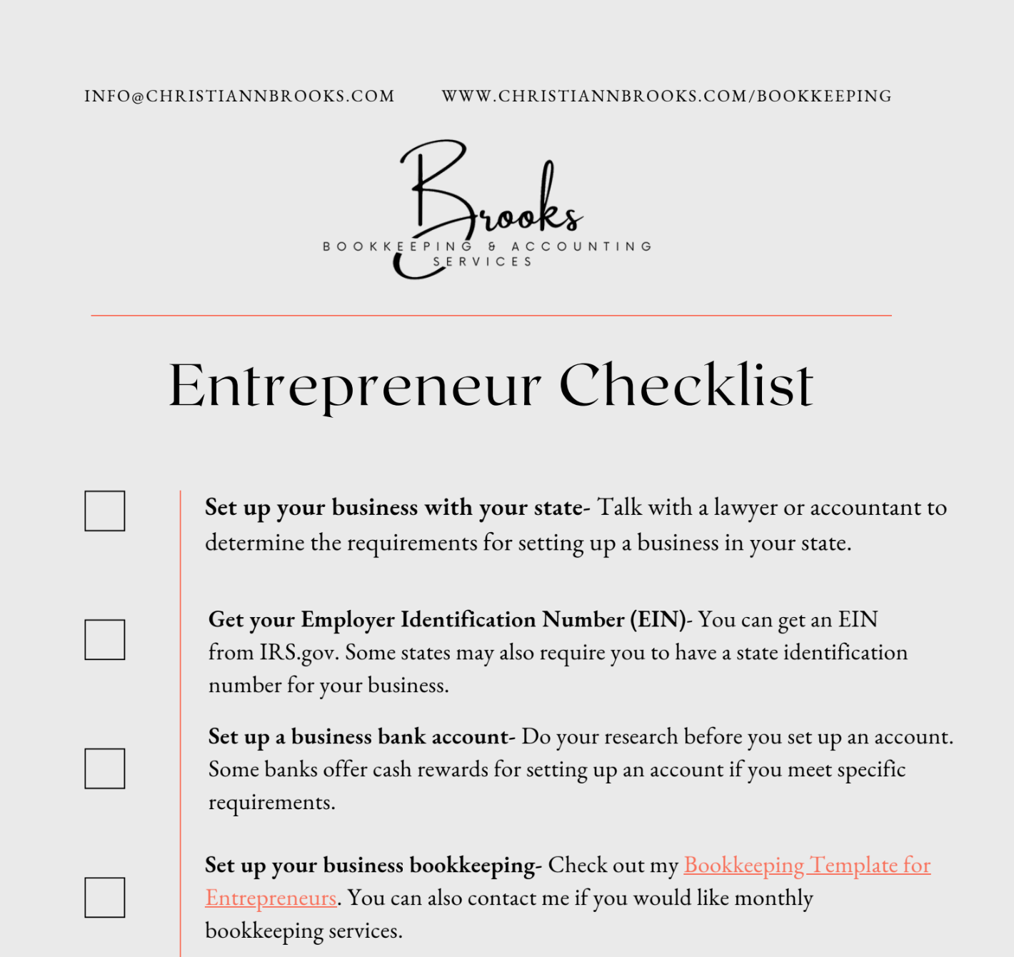 An Entrepreneur Checklist from Brooks Bookkeeping & Accounting Services listing four steps to set up a new business.