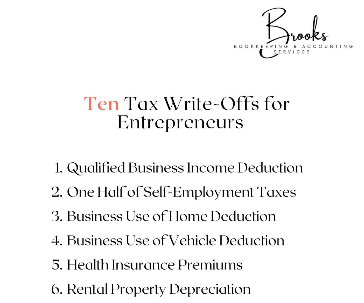 Infographic listing six of ten tax write-offs for entrepreneurs, including deductions for business income, home, and auto.