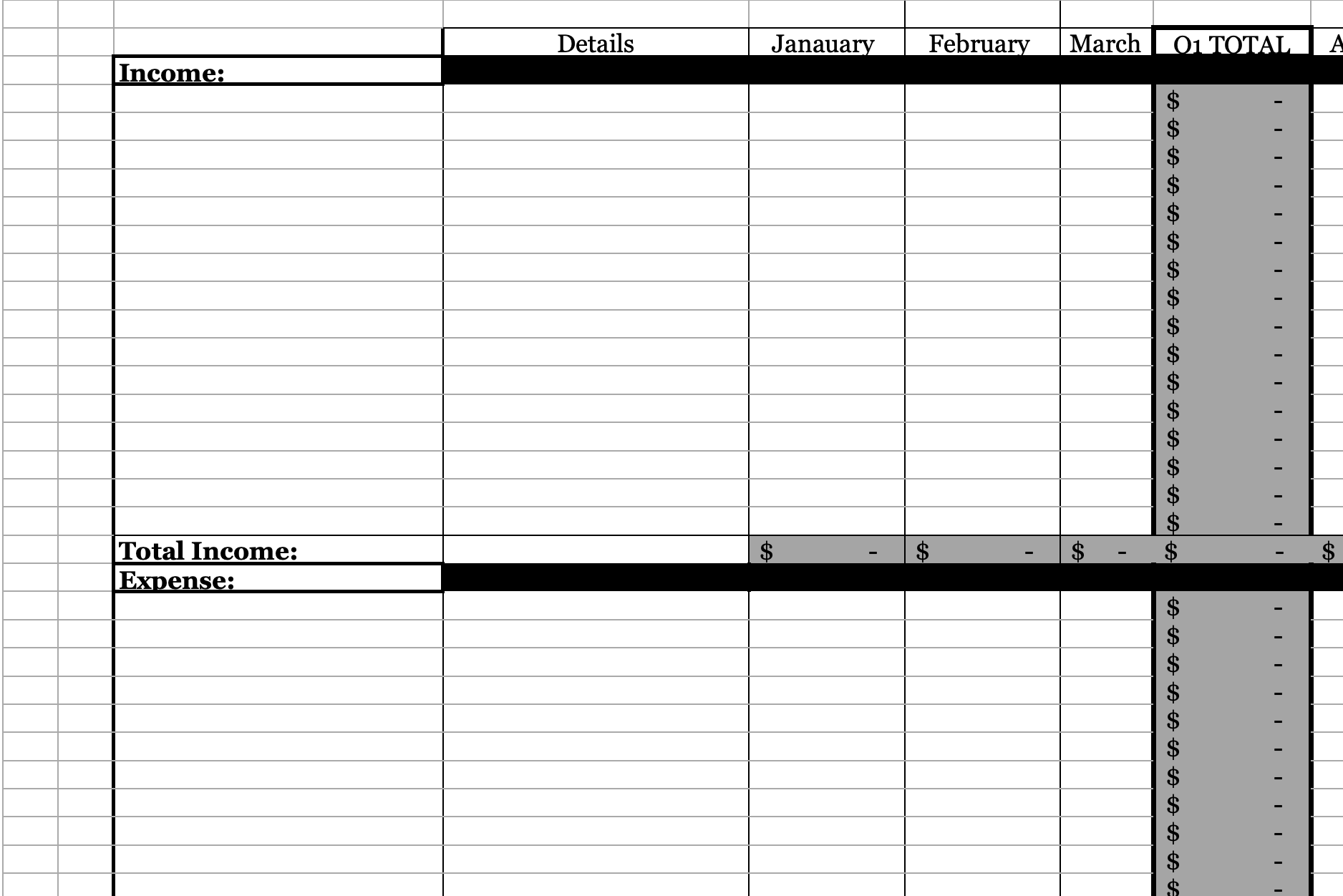 Blank monthly budget spreadsheet with headers for Income, Total Income, and Expenses, featuring columns for totals.
