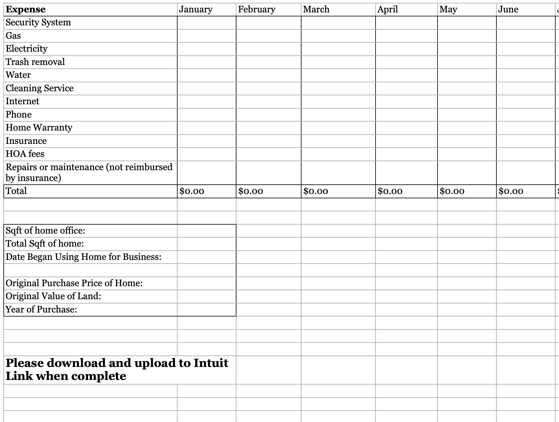 A spreadsheet template for tracking annual home expenses and property details, with columns for each month.