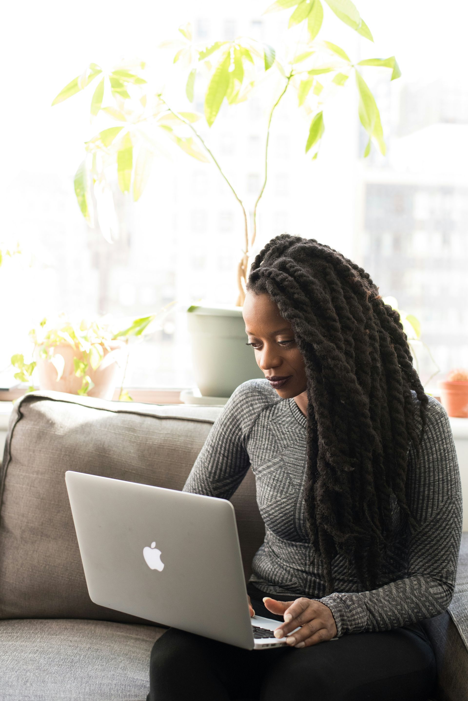 A person with long, dark, twisted hair working on a silver laptop while sitting on a couch near a potted plant.