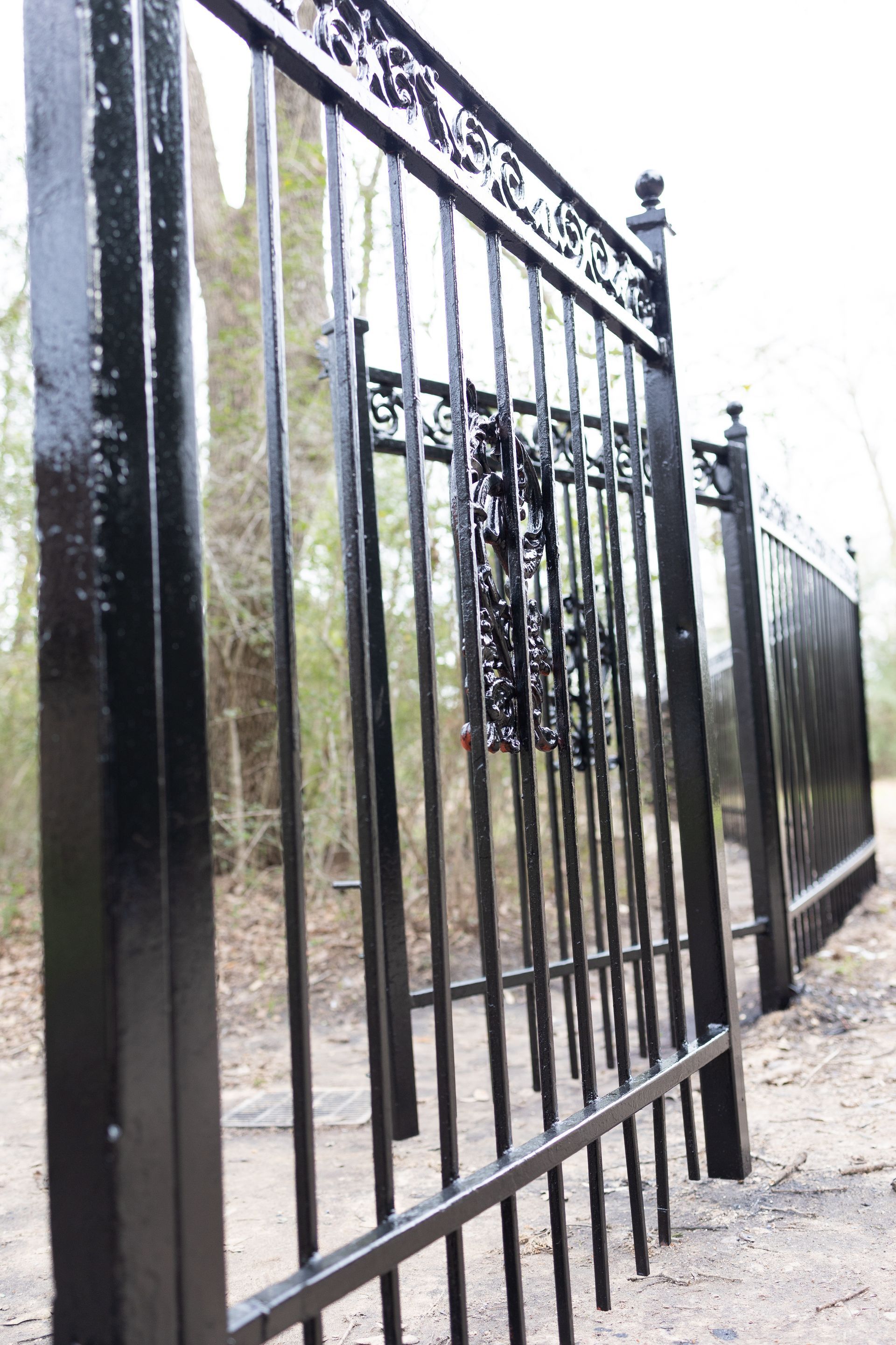 A close up of a black fence with trees in the background