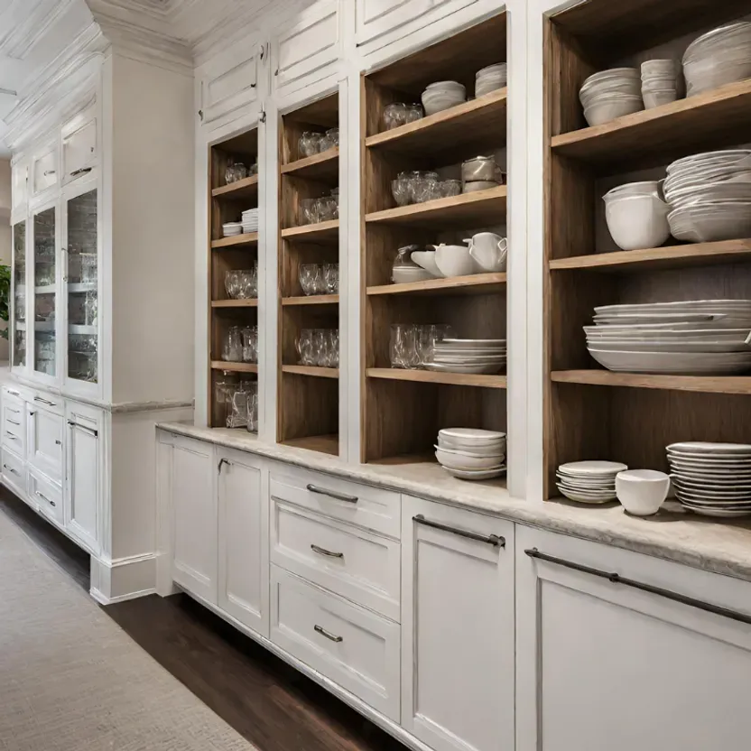 A kitchen with white cabinets and wooden shelves filled with plates and bowls