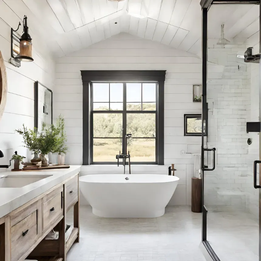 A bathroom with a bathtub , sink , toilet and shower.